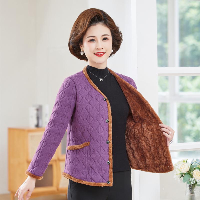 

Стильное Теплое Женское Пальто Плюс с Бархатной Подкладкой - Модная Хлопковая Куртка для Женщин Среднего и Пожилого Возраста 3XL (130-145 lbs) темно-фиолетового