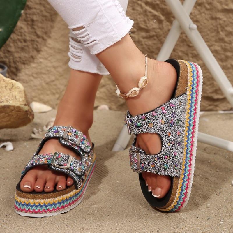 Large Size Platform Sandals Double Buckle Plus Diamond Hemp Rope Wind Beach Shoes Platform Heightening Muffin Shoes