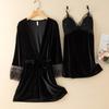 New Autumn Velvet Pajamas Two-piece Robe Set Feminine Lace See-through Robe Bathrobe Casual Velvet Home Clothes
