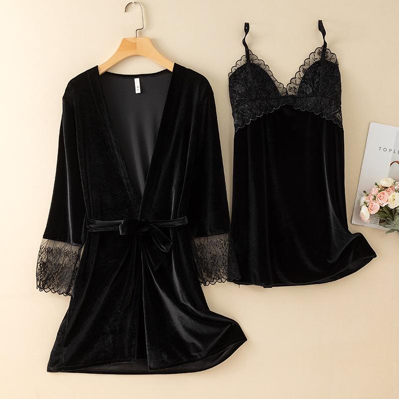 New Autumn Velvet Pajamas Two-piece Robe Set Feminine Lace See-through Robe Bathrobe Casual Velvet Home Clothes