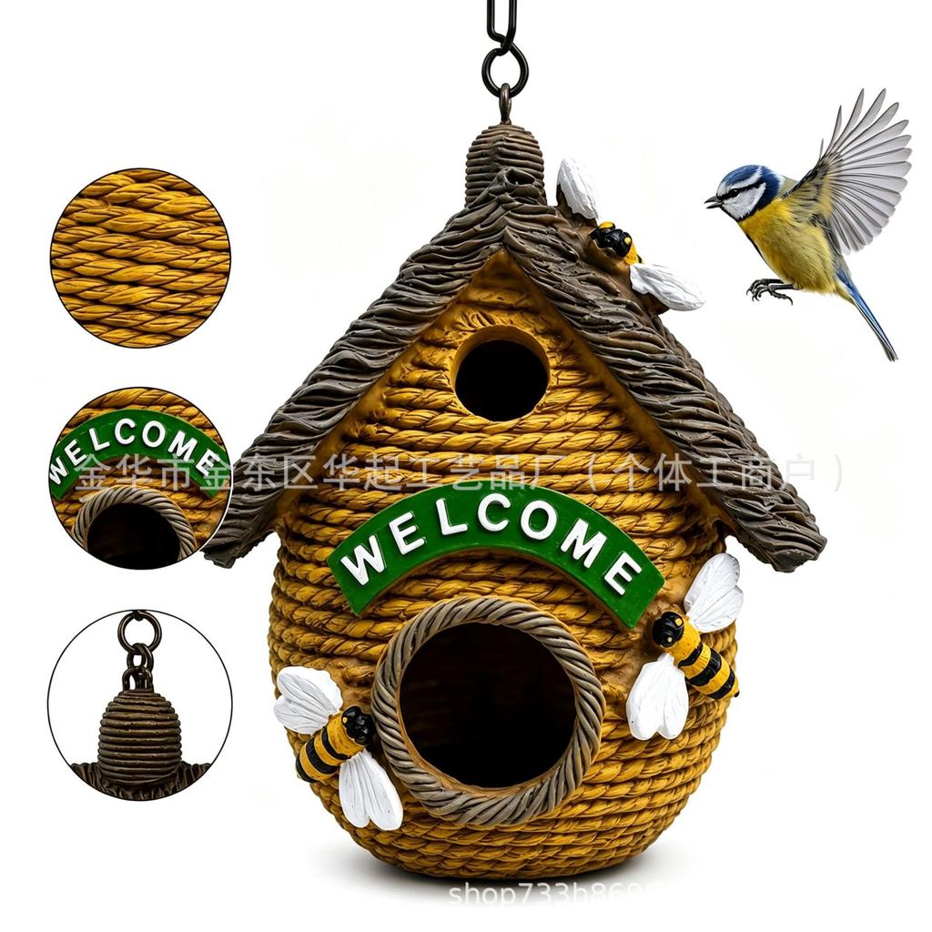 Outdoor Hanging Birdhouse with Hand-Painted Resin Bees Rustic Style Bird Nesting Box for Garden Patio Porch Decoration