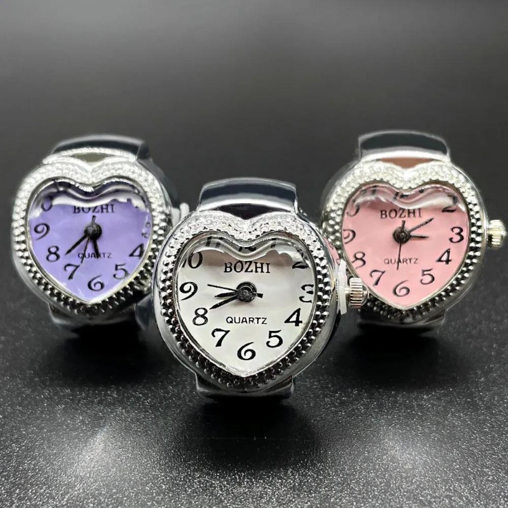 Cool Vintage Clock Heart Shape Punk Roman Quartz Watch Adjustable Mini Elastic Strap Finger Watch Rings Jewelry