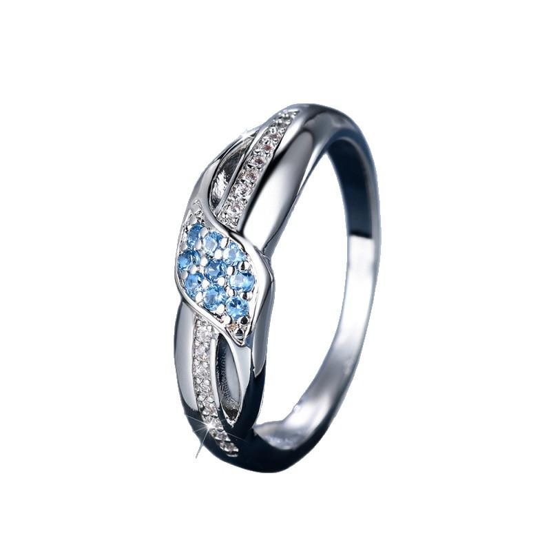 Wish European and American Sea Blue Diamond Edge Inlaid White Diamond Leaf Ring Simple Personality Light Luxury Ring Goods