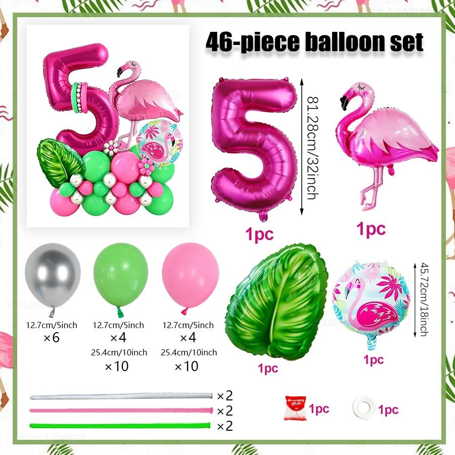 46pcs Flamingo Hawaii Theme Balloon Set Rose Red Digital Balloon 0-9 Leaf Balloon for Birthday Party Anniversary Decoration