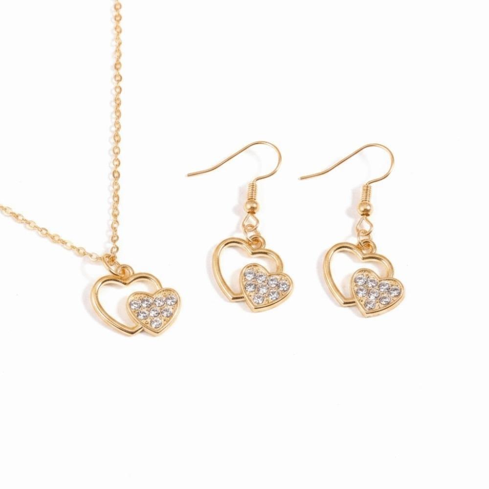 Gold Color Love Charm Earrings Exquisite Silver Color Double Heart Necklace 3Pcs Set Light Luxury Bridal Accessory Set