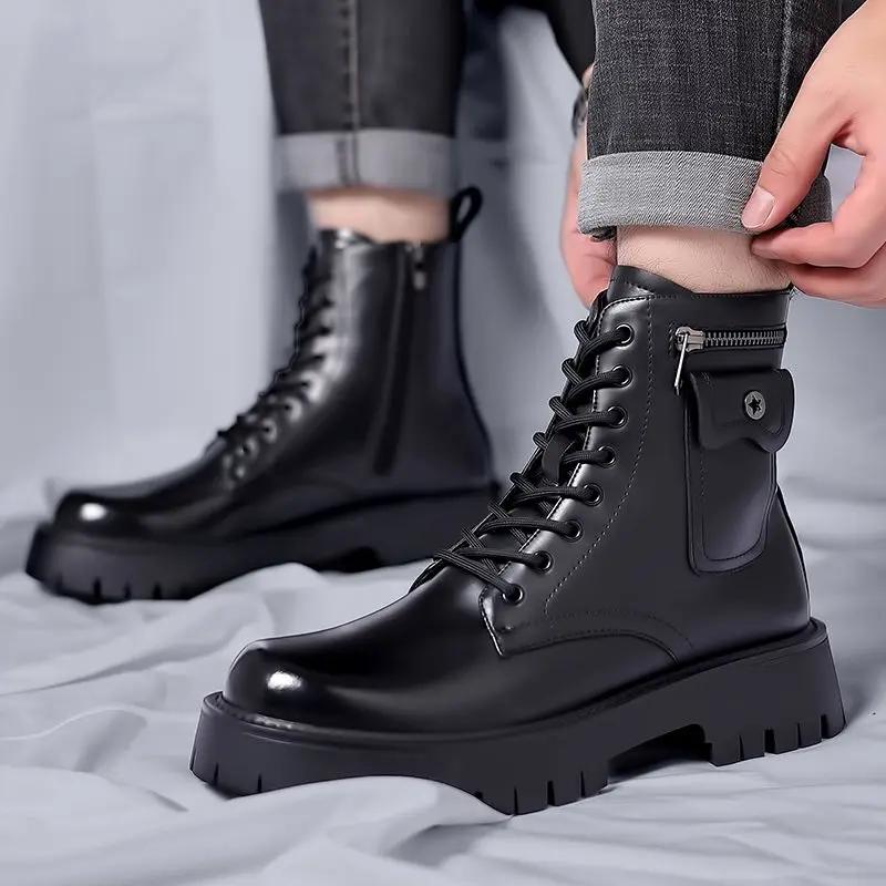 High Quality Men Autumn Winter Short Boots 2025 New Fashion Zip Side Pocket Design Leather Anti-slip Lace-up Man Platform Shoes
