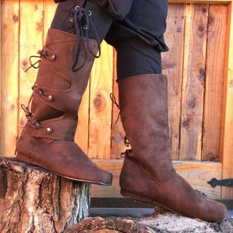 New buckle belt European and American style flat bottom lace-up large size - men's boots knight boots