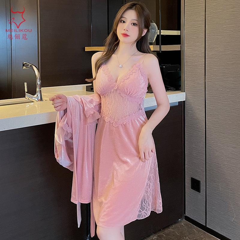 Golden velvet sexy long dress women's autumn and winter home pure desire large size suspender lace temptation suit