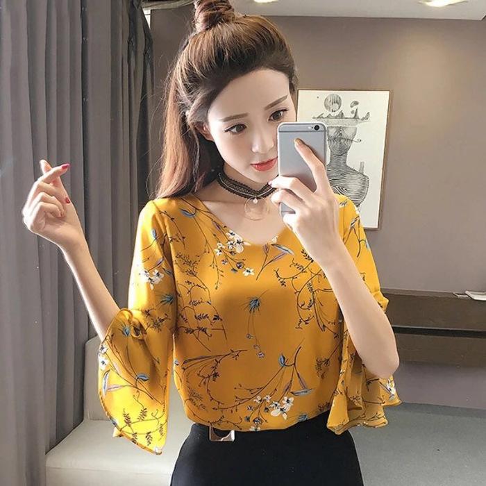 

Шифоновая блузка для женщин с рукавом пять четвертей, топ для лета, новый большой размер, женская, слегка полная ММ, свободная, с цветочным принтом, базовая рубашка 3XL жёлтый