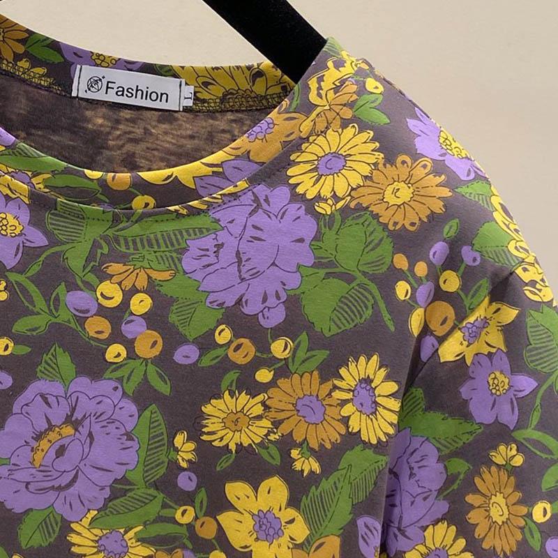 Tops Women Cotton Summer Large Size T-shirt Round Neck Loose Printed Casual Pullover T-shirt Top