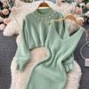 New Autumn Vintage Knitted Sweater Two Piece Set Beading Pullover Top And Spaghetti Strap V-neck Sheath Bodycon Dresses Suit