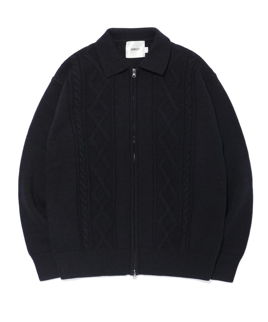 Soundslife Zigzag Cable Collar Knit Zip-Up Black