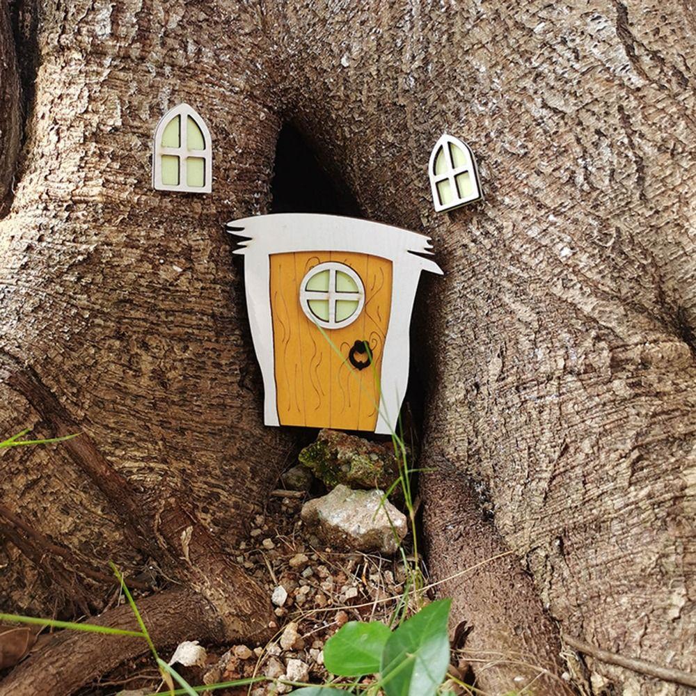 Cute Wooden House Miniatures Cartoon Fairy Door Ornaments Fluorescent Elf Door Decor Gifts