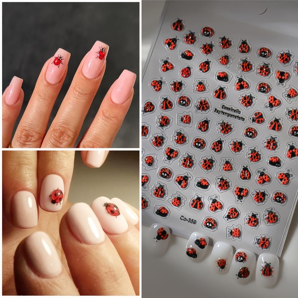 1 Sheet Cute 3D Embossed Ladybug Nail Stickers - Self-Adhesive Animal Print Decals for Nails Cute Nail Stickers