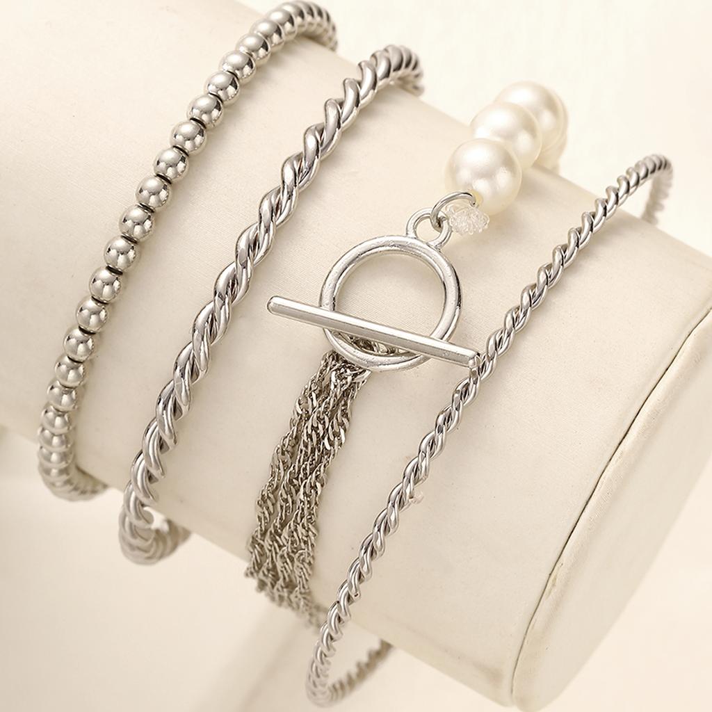 4Pcs Silver Color Bracelet Set For Women Fashion Pearl Beaded Chain Bracelet Trendy Boho Jewelry For Party Daily Wear Gift 2026
