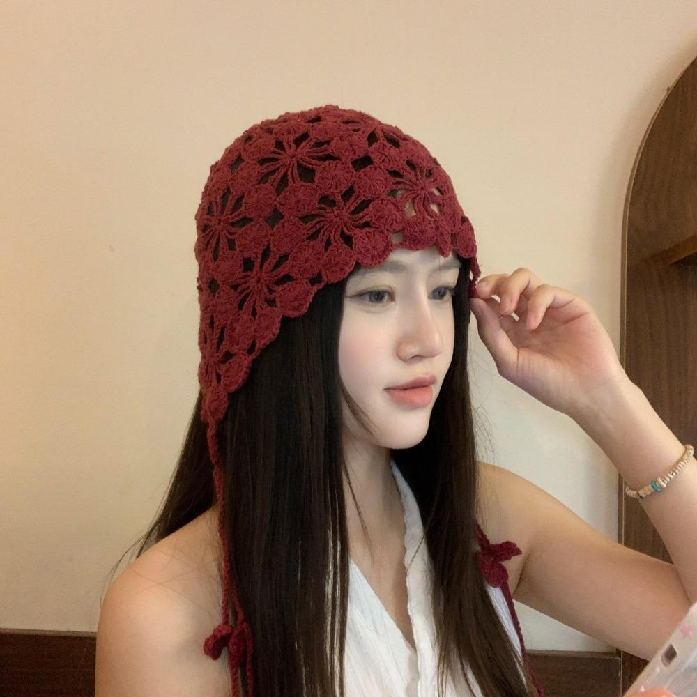 Tassel Hollowed Out Knitted Hat Floral Bohemian Style Beanies Cute Weave Cap Apparel Accessories
