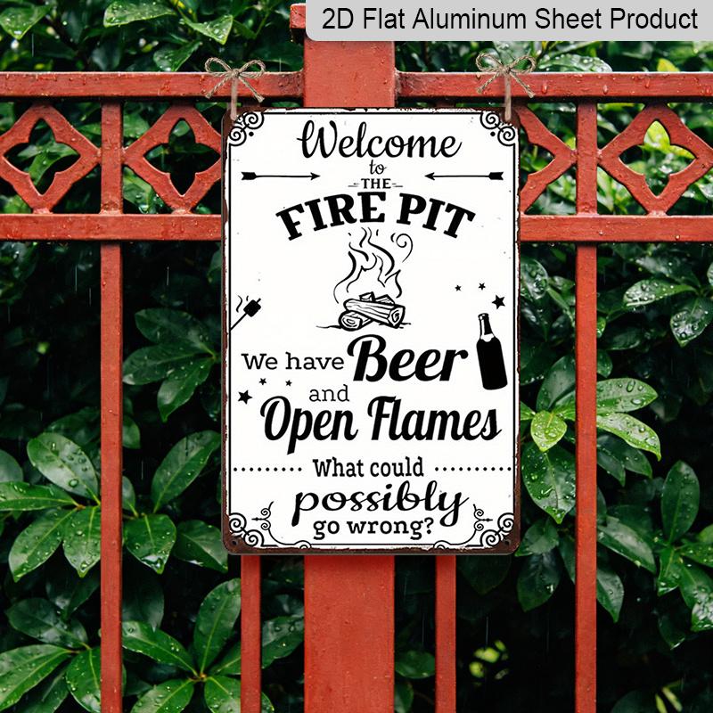 2D Flat, "Welcome To The Fire Pit" Vintage Metal Sign - Humorous Rustic Aluminium Wall Art for Outdoor Camping, Patio & Backyard Decor, 8x12 Inch