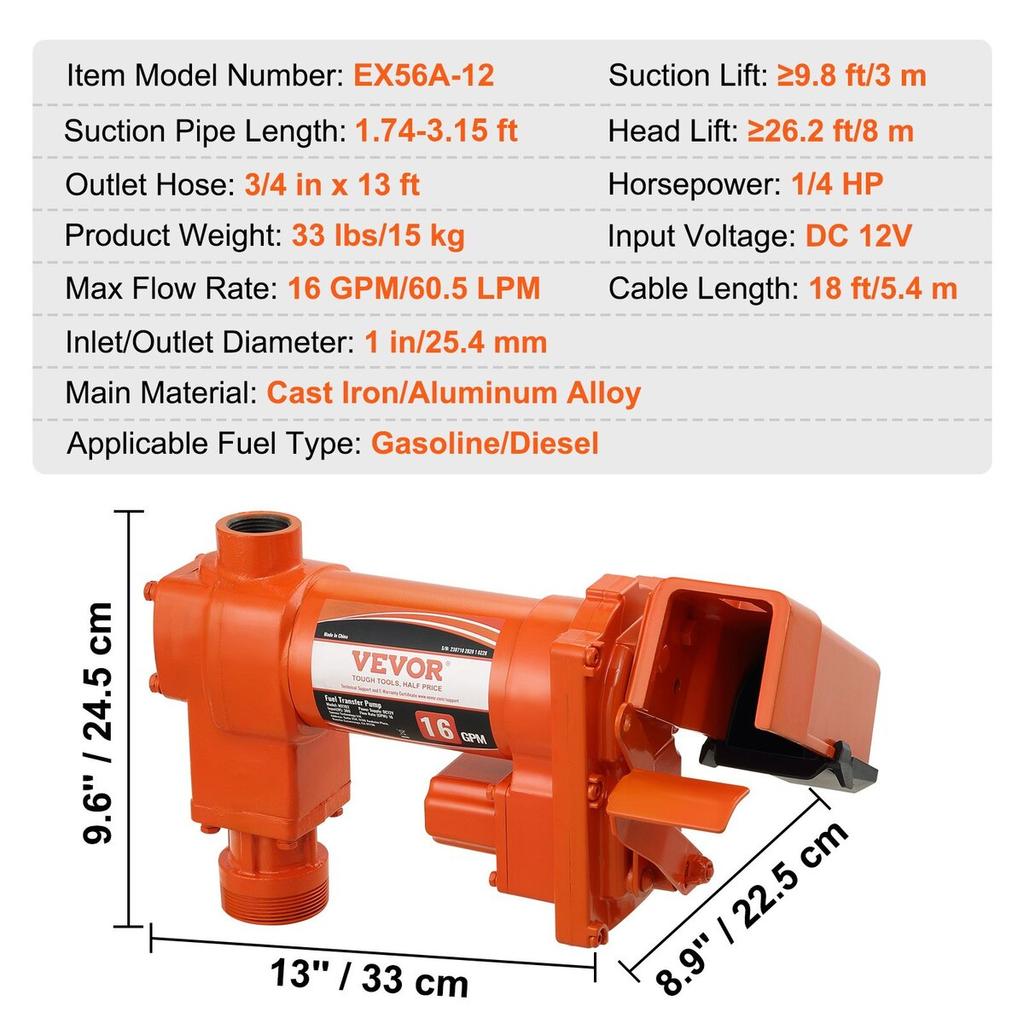 Fuel Transfer Pump, 12V DC 16 GPM 1/4 HP, Gasoline Extractor Pump with Automatic Nozzle, Discharge Hose & Suction Pipe for Gasoline, Diesel, Kerosene,
