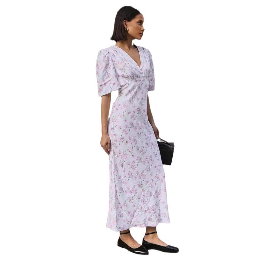 Summer New Women's V-neck Structured Shoulder High Waist Long Floral Print Short Sleeve Dress, European & American Style