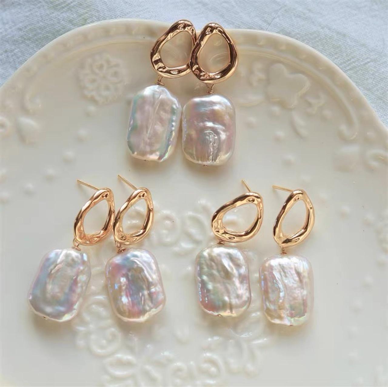 22646 Women's Pink/Purple Natural Baroque Pearl Earrings Earrings French Retro Temperament Special-Shaped Beads Natural Large Square Stud Earrings