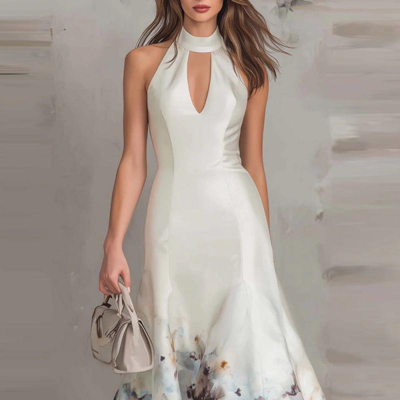 European and American digital printing elegant V-neck sleeveless casual dress women's new models