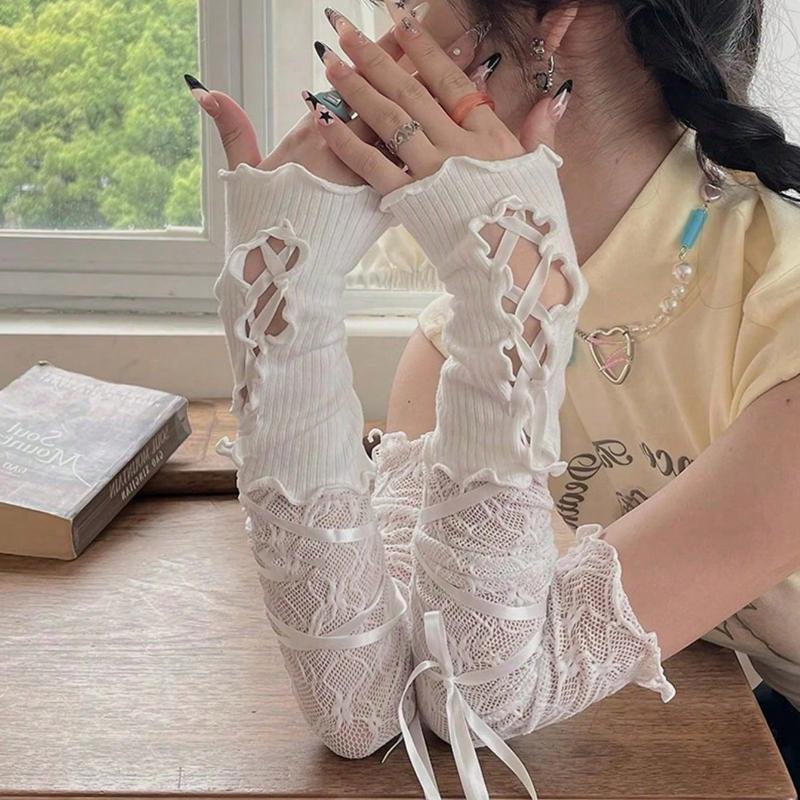 1 Pair Of Y2K Lace Strap Sleeves DIY Decorative Sleeves Short Solid Color Open Finger Curling Sleeves Wrist Sleeves Halloweeny2k Valentine's Day