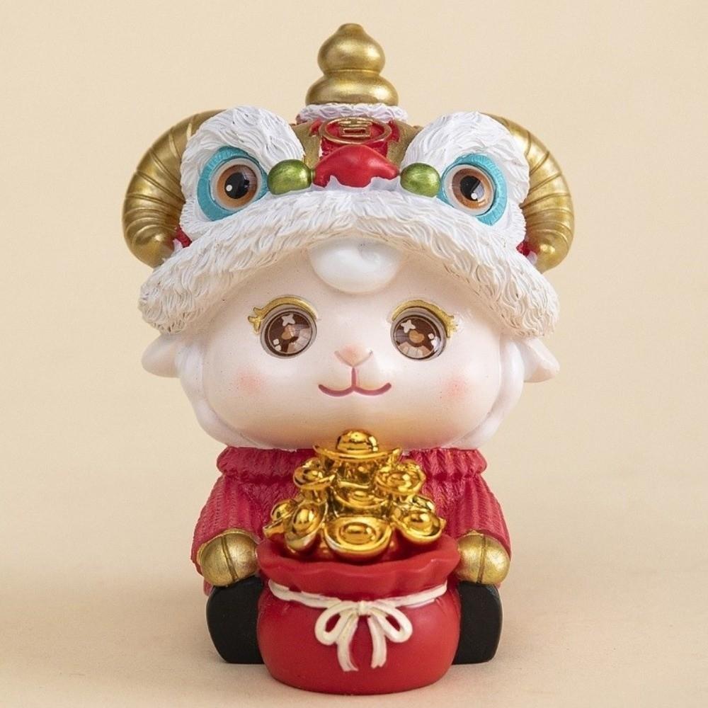 Cute Lion Dance Sheep Figurine Chinese Style Resin Ornament Wealth Zodiac Sheep Statue  New Year