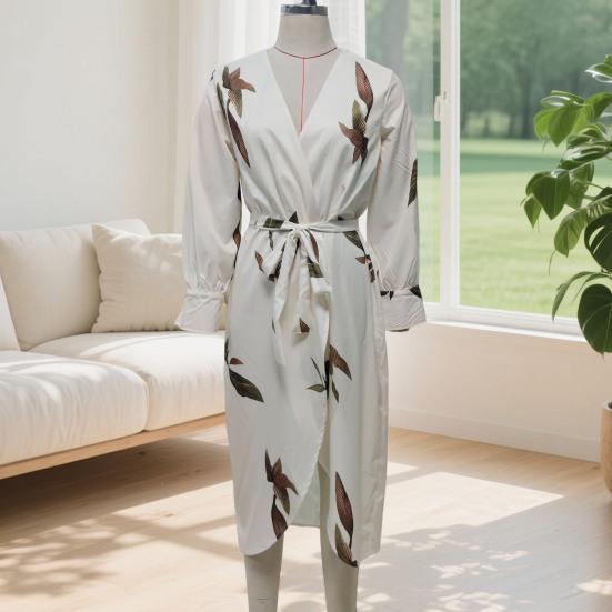 Women's Floral Print Satin Wrap Midi Dress Deep V Neck Long Sleeve Bodycon Dress Split Formal Evening Party Dress