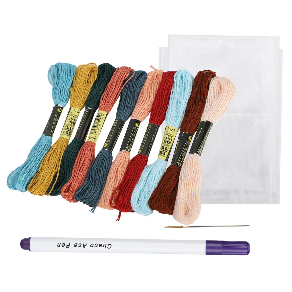 Cross Stitch Set 10 Color Embroidery Thread Water Soluble Cloth Needle Kit for Beginner