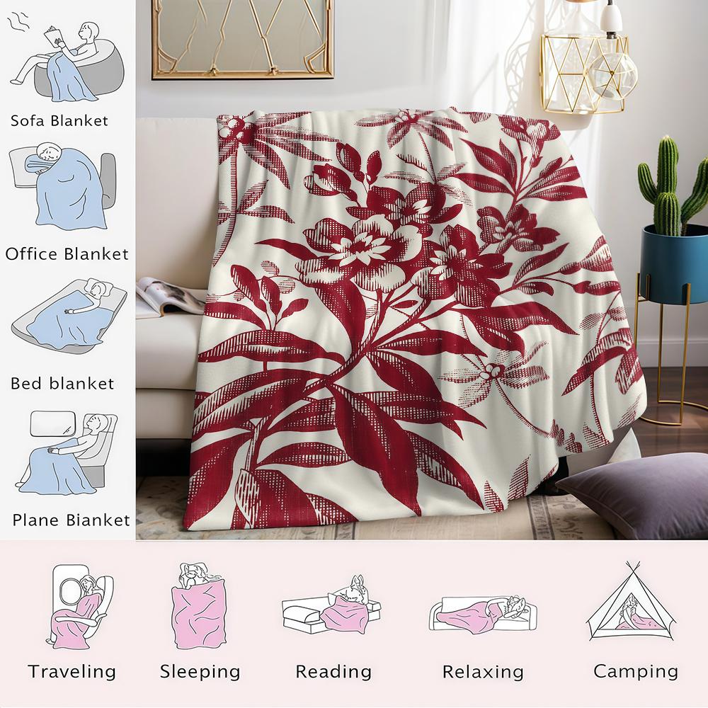 Cream red flower Flannel Blanket Warm Soft Halloween Christmas Couch Warm Cozy Decorative Decor Gift for All Season