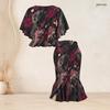 Women Plus Size Printed Round Neck Batwing Sleeve Ruffle Hem Top Fishtail Skirt Two Piece Set