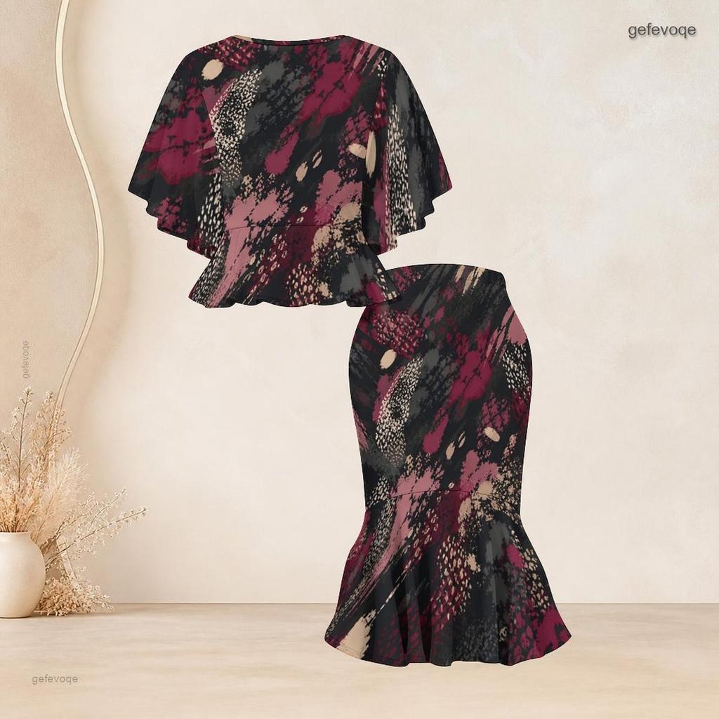 Women Plus Size Printed Round Neck Batwing Sleeve Ruffle Hem Top Fishtail Skirt Two Piece Set