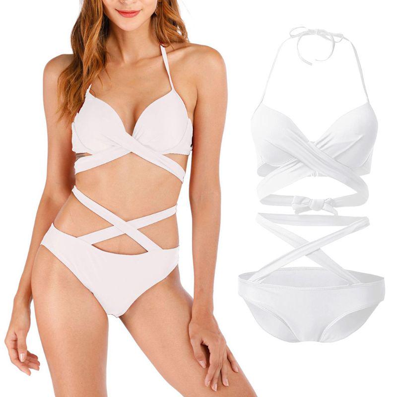 Buy Sexy Bandage Women Bikini Halter Cross Strappy Swimsuit Solid