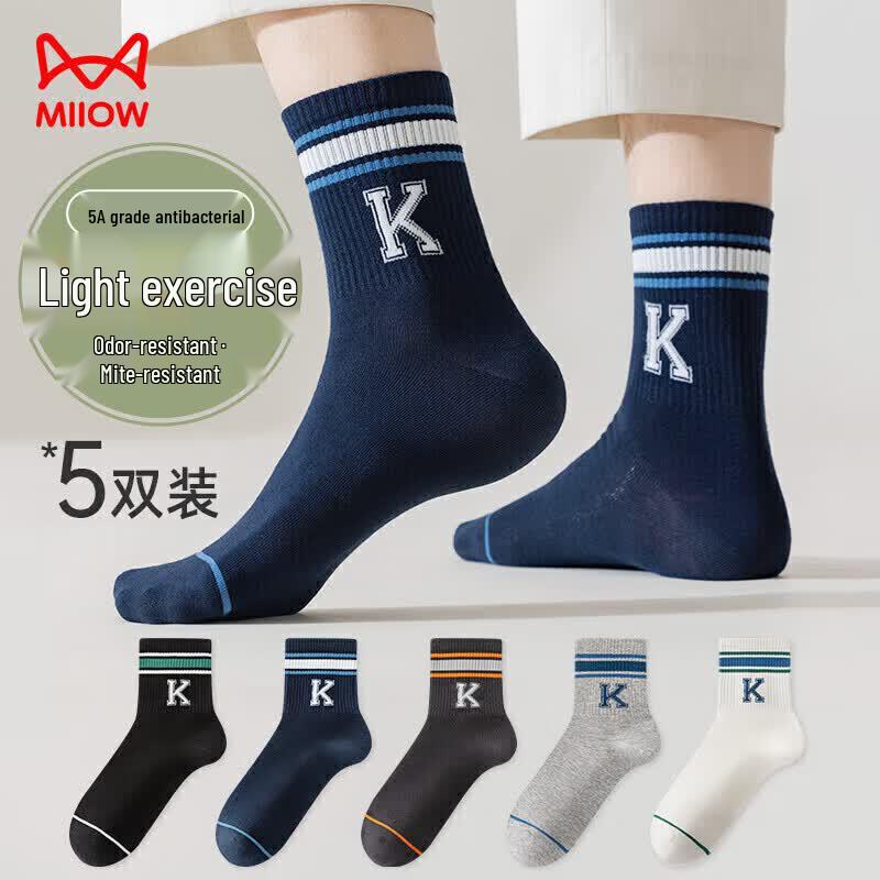 Miiow Men s 5-Pair Striped Letter Cotton Mid-Calf Socks One Size