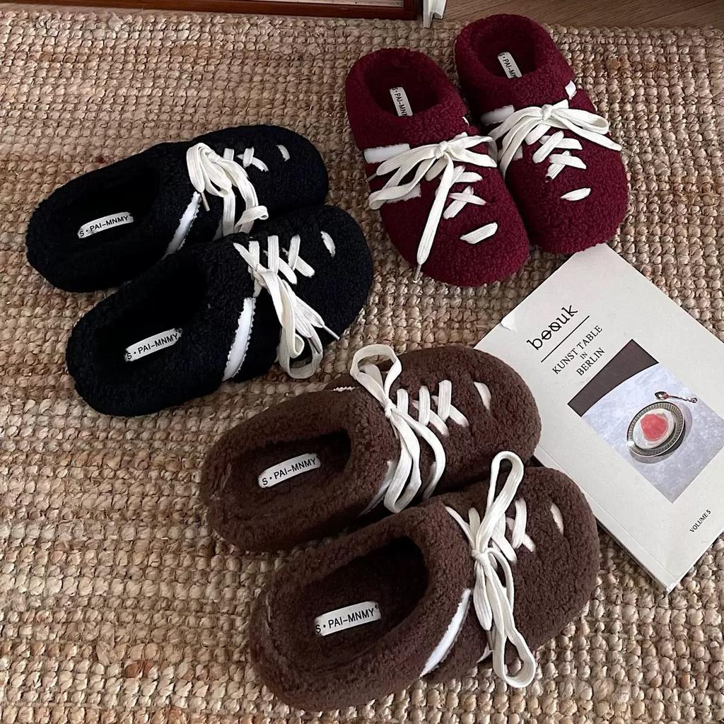 Mao Mao Slippers Women's 2025 Autumn and Winter Internet Celebrity Lamb Wool Lace-up Bag Head Cotton Mop Outer Wear Plush Lazy Mao Mao Shoes