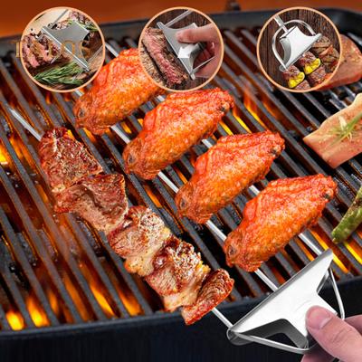 Grillspieße aus Edelstahl, BBQ-Kebab-Spieße mit Schubstangen-Schiebern, 3-zackige Grillspieße aus Metall für Fleisch, Gemüse, Obst, Marshmallow