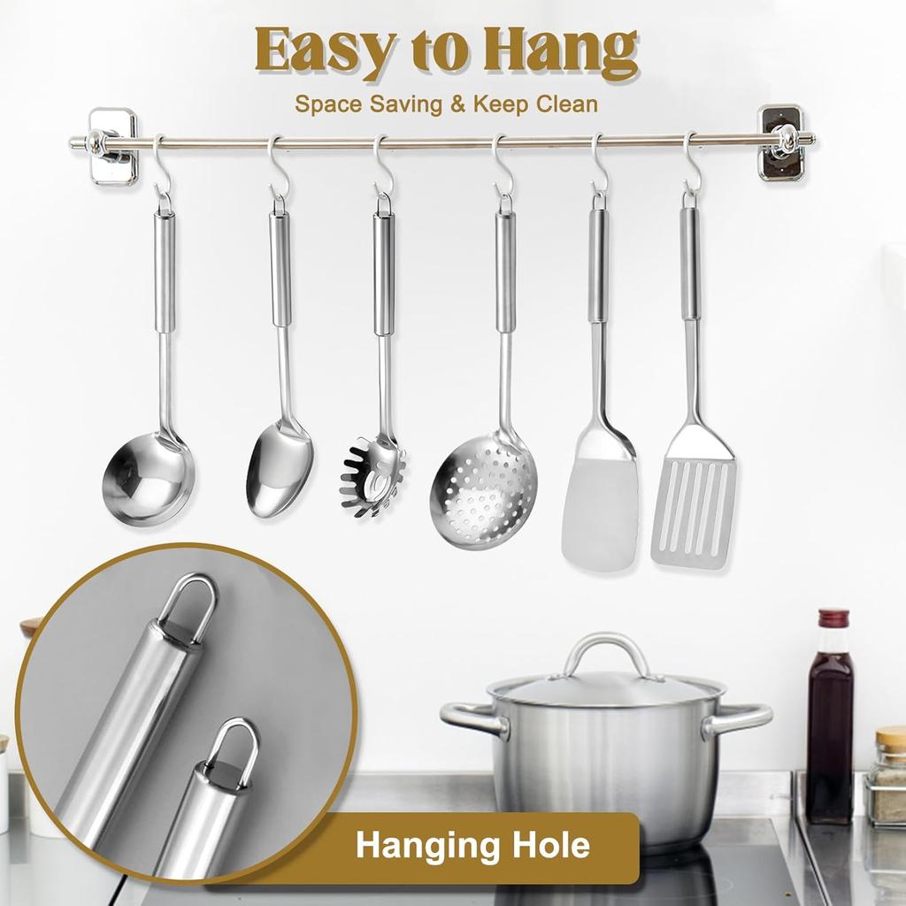 25Pcs Cooking Utensils Set, Stainless Steel Kitchen Utensils Set with Holder, Heat Resistant Metal Spatula Set Utensils Set for Cooking with Turners,