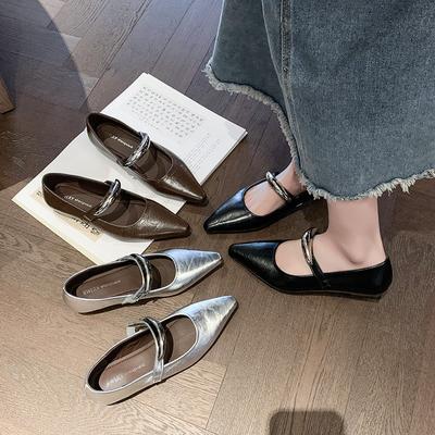 Inner Height Increase Mary Jane Shoes Women's Spring New One-word Buckle Shallow Mouth Pointed Single Shoes Retro Flat Shoes