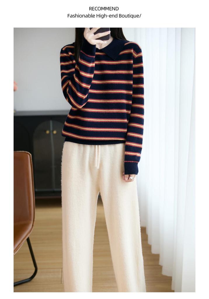 Women's Striped Knit Polo Sweater - 100% Pure Wool, Autumn/Winter Fashion, Loose Lapel Design