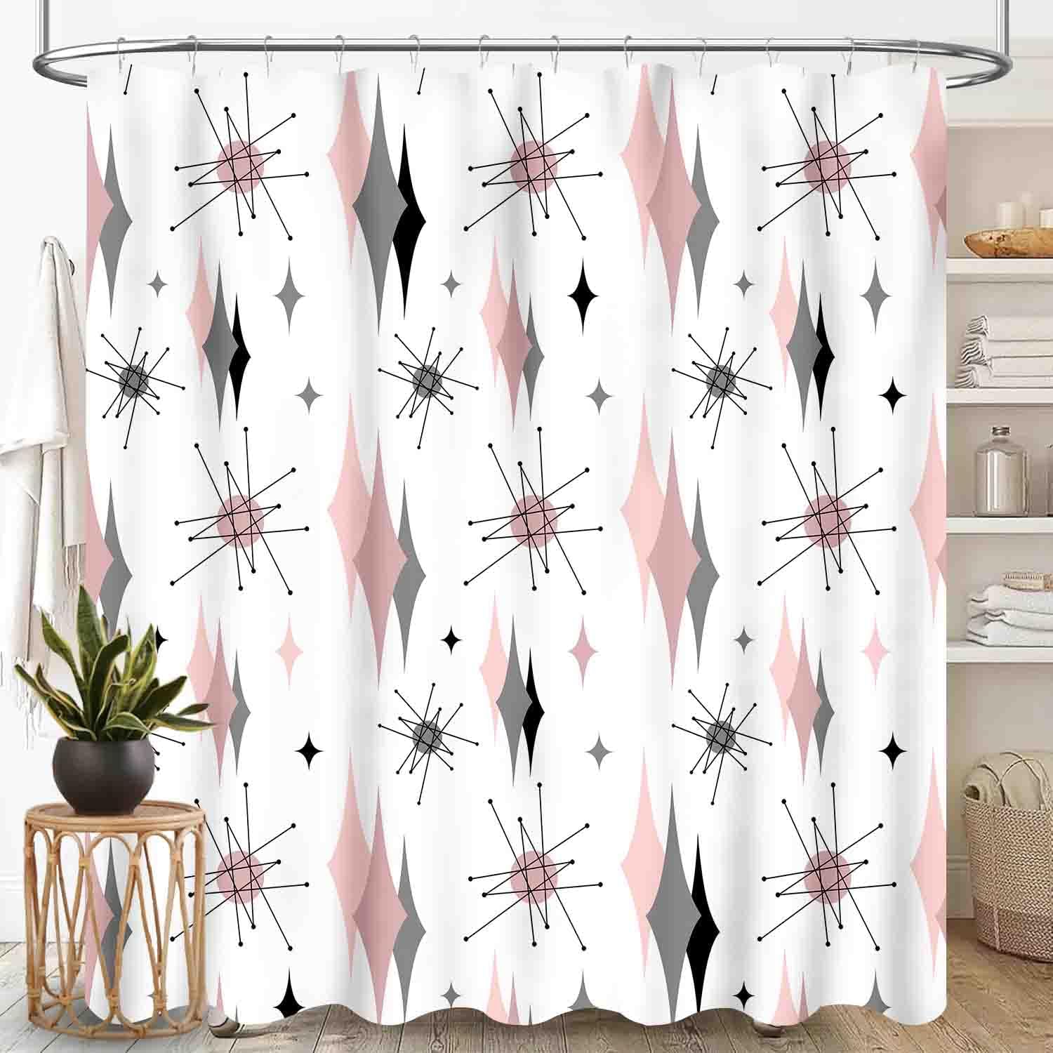 Pandara Jewelry Pink/Gray Mid Century Modern Shower Curtain, Geometric Atomic Abstract Pattern 1950S 1960S Retro Vintage Style Waterproof Fabric