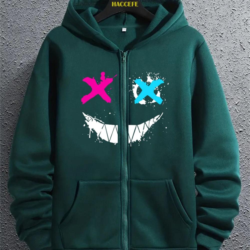 Креативная Забавная Забавная Выражение Минималистичный Узор Принт Мужская Толстовка на Молнии, Модный Персональный Узор Толстовка с Капюшоном, Повседневная Мужская Верхняя Одежда S