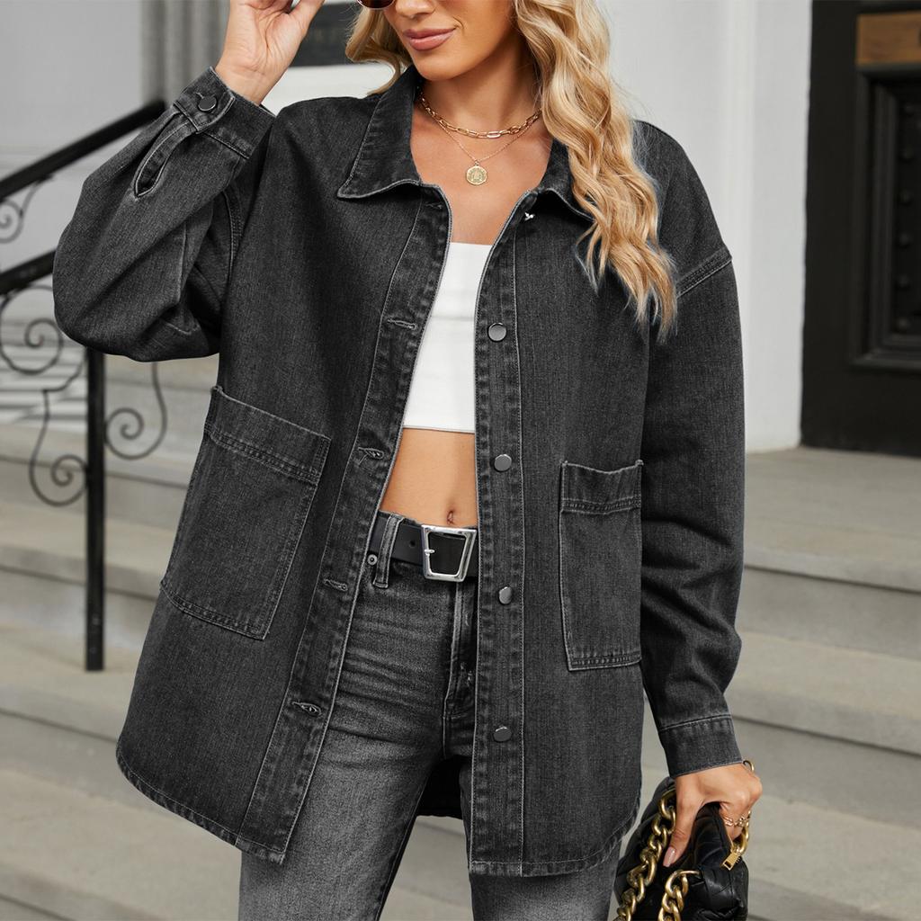 Women's Fashionable Versatile Classic Retro Solid Color Lapel Long Sleeved Pocket Loose Denim Jacket