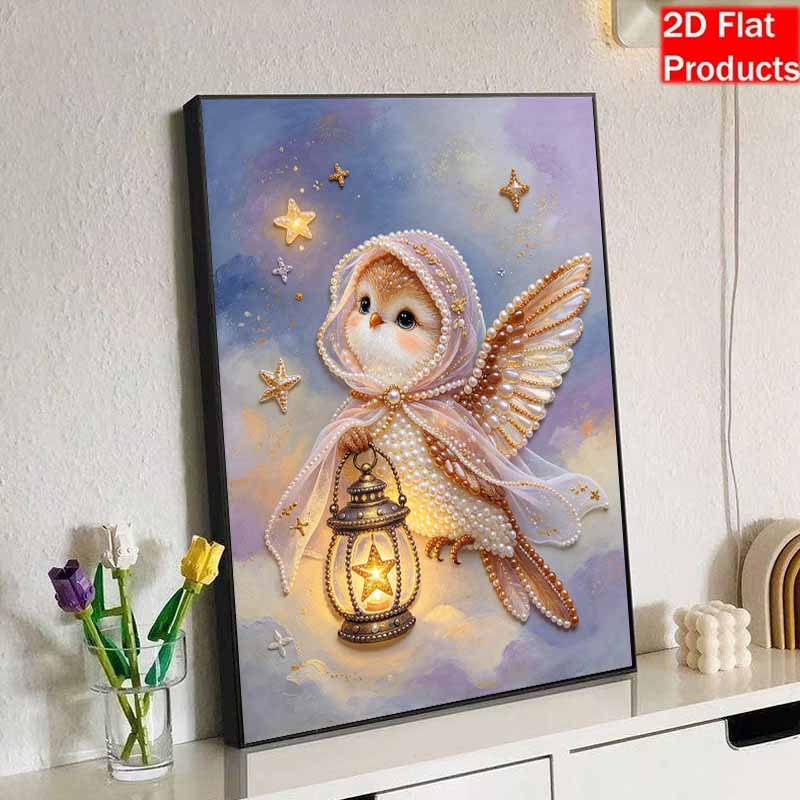 Handmade Framed Pearl Bead Painting Kit Cute Owl with Lantern Pattern 3D Shiny Canvas Art Ready to Display Home Decor Gift Idea
