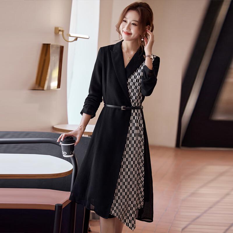 KAVON Women s Spring Casual Lapel Long Sleeve A-Line Dress L