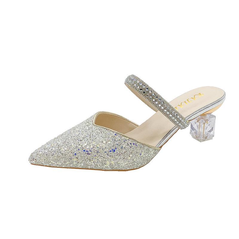 New bag head sandals summer word with pointed temperament high heel thick heel wedding shoes cool slippers