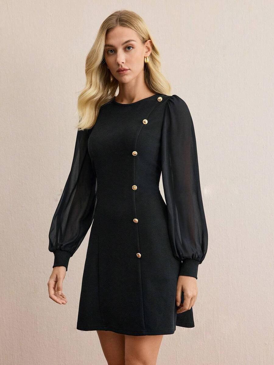 

Women s Spring Round Neck Snap Button Slim Fit Long Sleeve Solid Color Dress L чорний