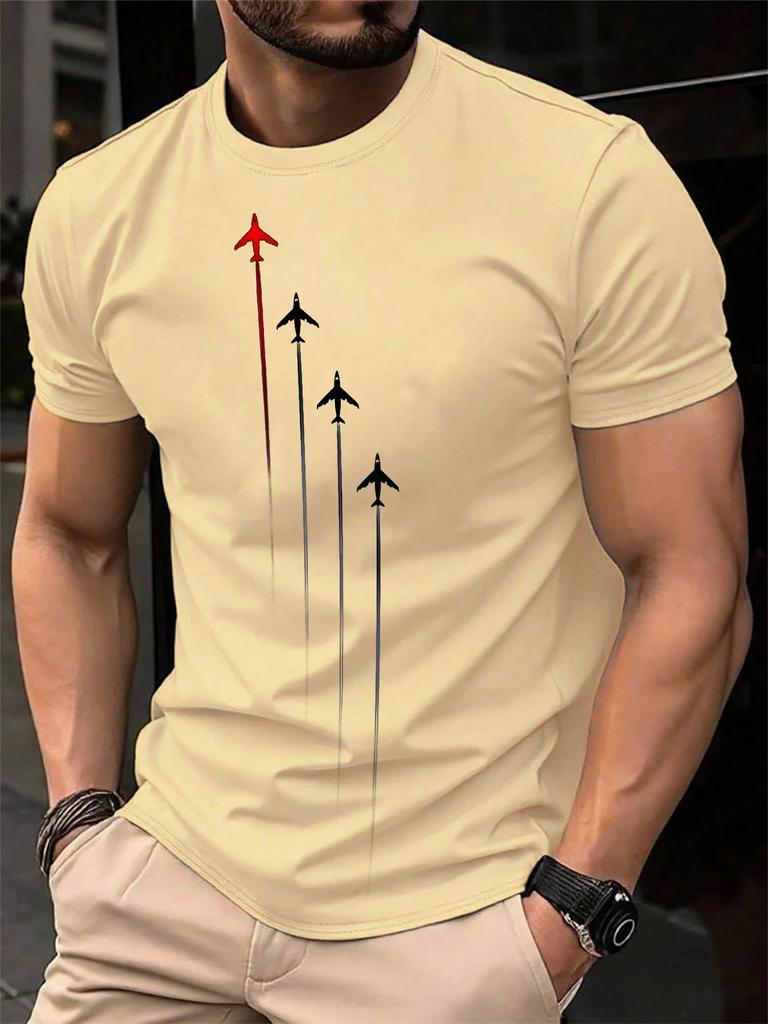 Summer Unisexs 100 Pure Cotton Geometric Airplane Printed Fashionable Casual Loose Sports Round Neck Short Sleeved Tshirt Top