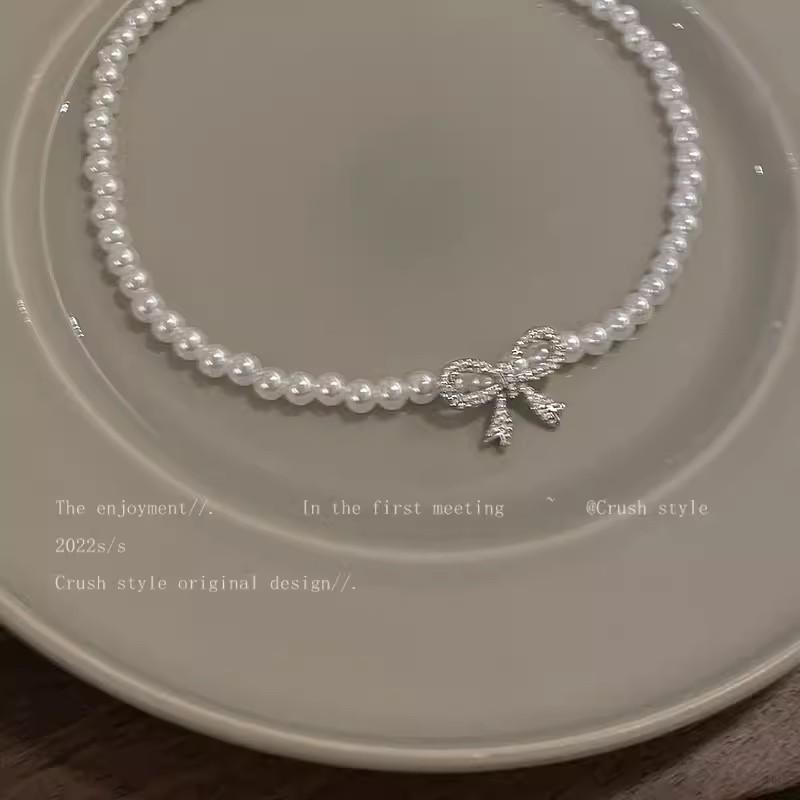 Pearl Bow Zircon Necklace Women's Summer Choker Temperament Accessories Niche Design Collarbone Chain Light Luxury Neck Chain