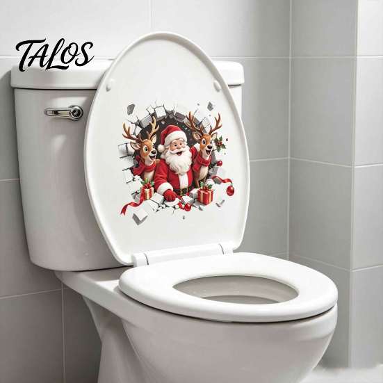 Christmas Gift for Bathroom 3D Break Through Wall Santa Reindeer Toilet Sticker, Self-Adhesive Holiday Seat Stickers Decal, Waterproof Lid Decor Home
