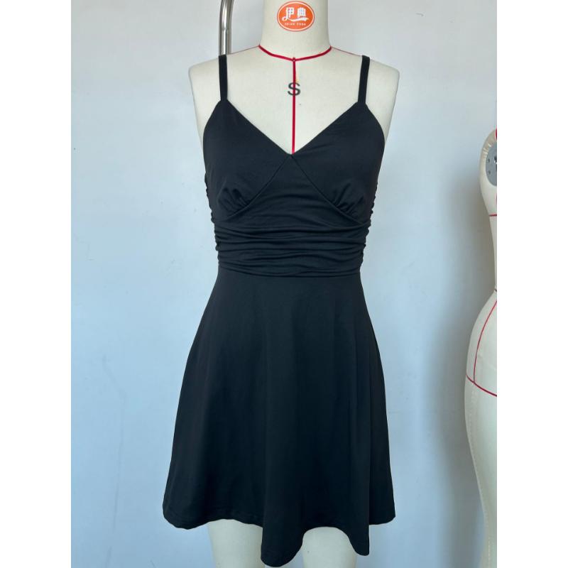 Mini Abito Sexy da Donna con Spalline Sottili Scollo a V Vita Arricciata Orlo Spaccato Linea ad A Colore Unito Estate Festa Serale Club Night Out Abito